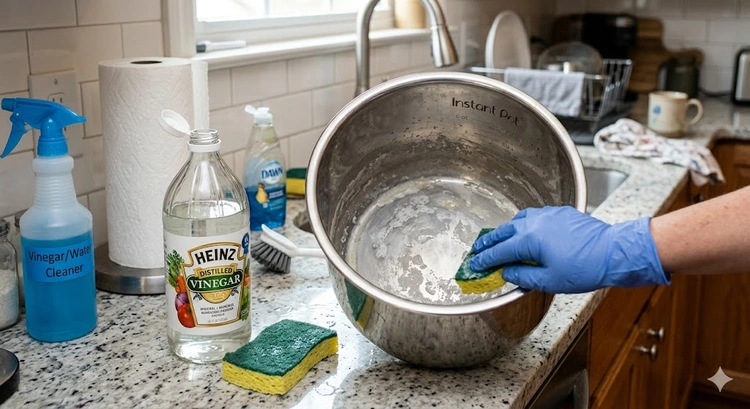 White limescale buildup on an Instant Pot steam release valve illustrating why descaling is necessary
