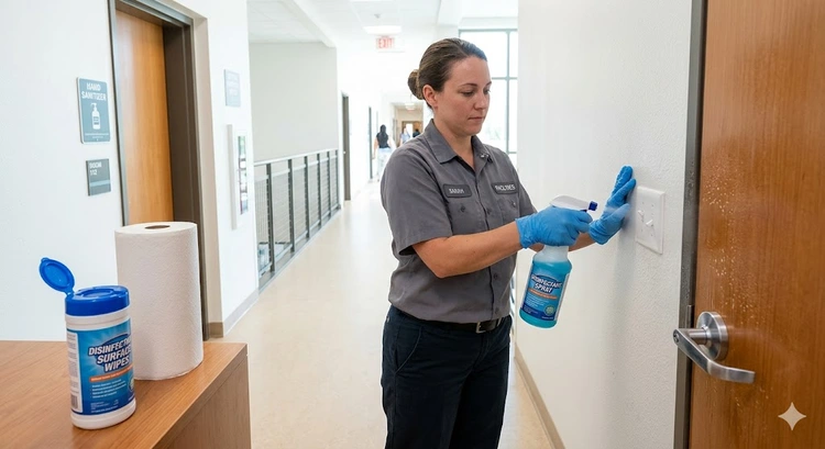 Disinfecting home surfaces after illness with EPA-registered spray and color-coded microfiber cloths