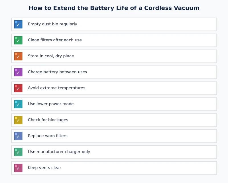 Cordless vacuum battery life tips checklist — charging habits, storage conditions, and maintenance schedule