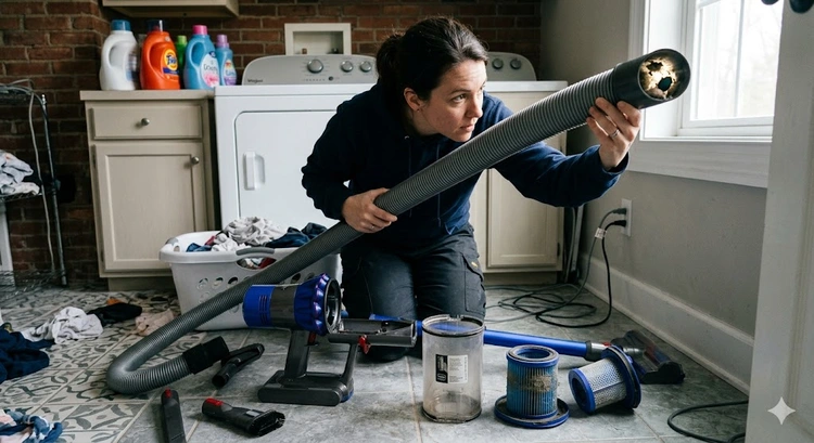 Inspecting a vacuum cleaner hose and filter for blockage — vacuum cleaner lost suction fix