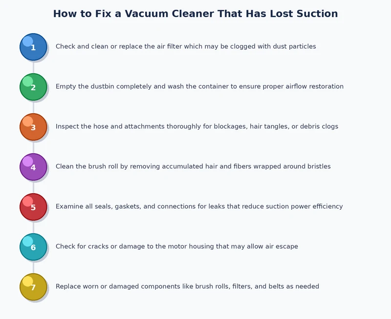 Step-by-step vacuum cleaner lost suction fix process diagram — hose check, filter cleaning, brush roll inspection, belt replacement