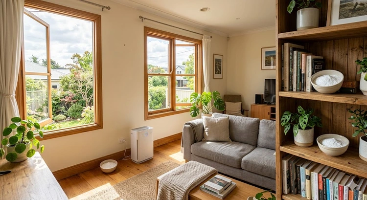 How to get rid of musty smell in house — dehumidifier and cleaning supplies arranged on a hardwood floor