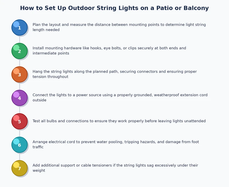 Step-by-step process diagram showing how to hang outdoor string lights from layout planning to final tensioning