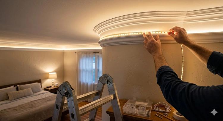 LED strip lights installed along a ceiling cove casting warm indirect light