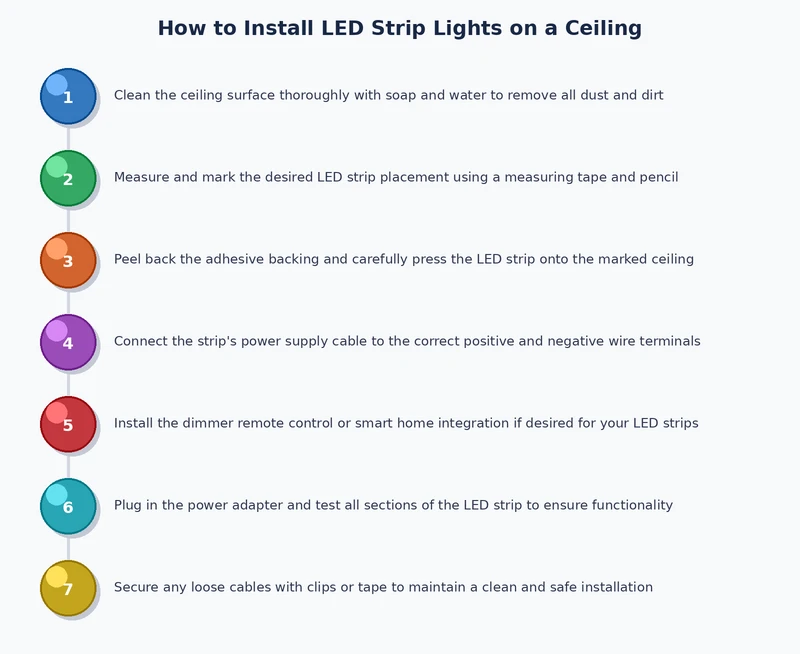 Step-by-step process diagram for installing LED strip lights on a ceiling