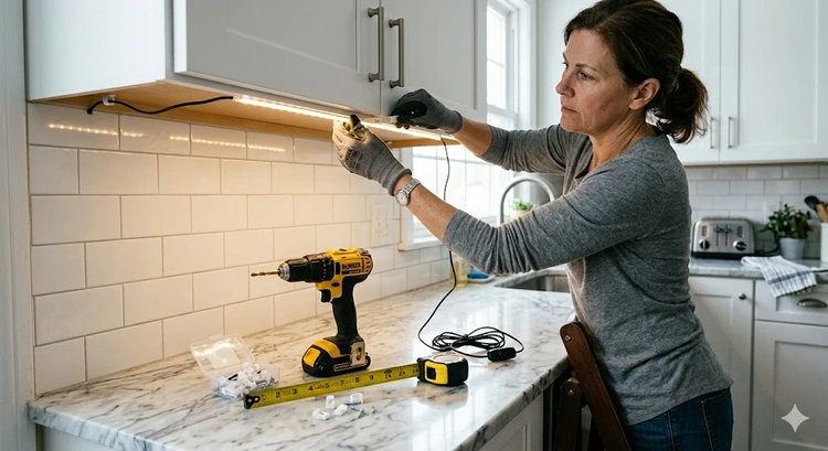 how to install under cabinet lighting with LED strip lights mounted beneath upper kitchen cabinets over granite countertop