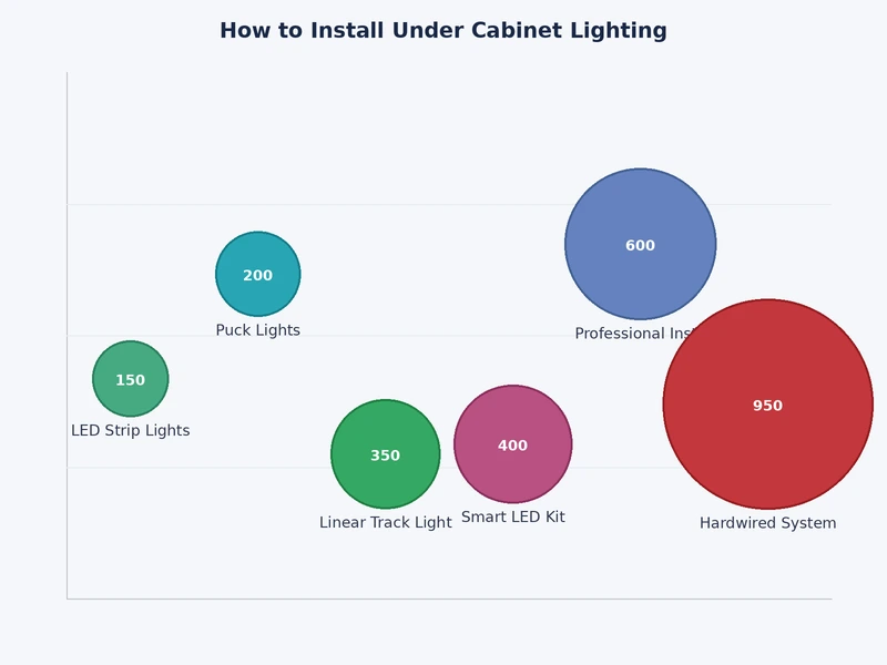 comparison chart of under cabinet lighting types by brightness cost and installation complexity for LED bars strip tape and puck lights