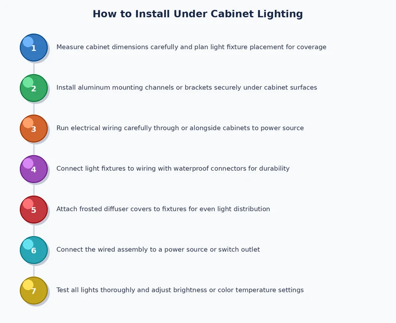 process diagram showing steps for how to install under cabinet lighting from circuit verification through fixture mounting wiring and testing