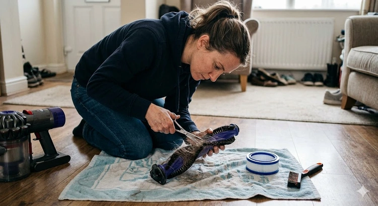 Vacuum cleaner maintenance essentials including filter, brush roll, and tools laid out on a workbench