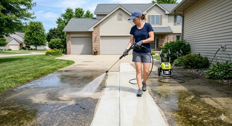 pressure washer cleaning concrete driveway surface showing how to pressure wash a driveway with green nozzle