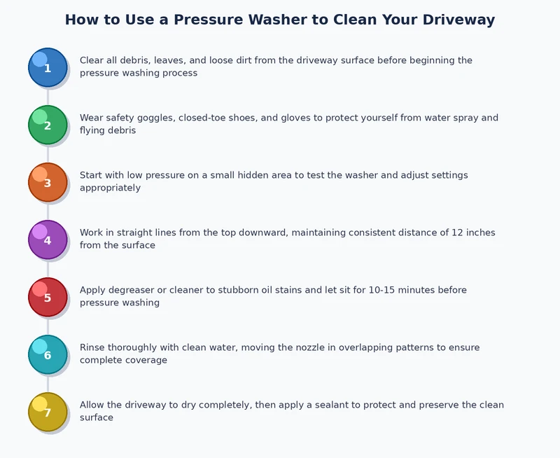 step-by-step process diagram showing how to pressure wash a driveway from pre-treatment through sealing