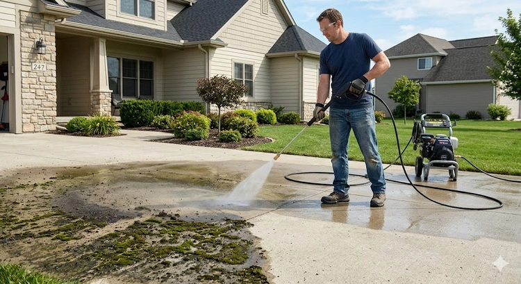 Pressure washing a concrete driveway with a surface cleaner attachment showing how to pressure wash driveway safely