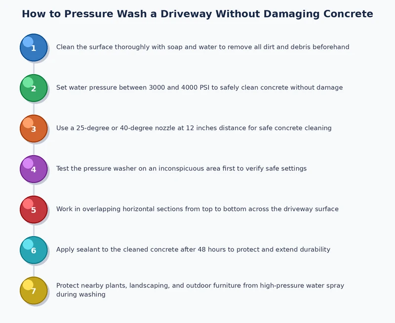 Step-by-step process diagram for pressure washing a concrete driveway safely
