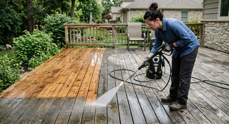 Pressure washing a wood deck with a wide fan nozzle showing proper technique