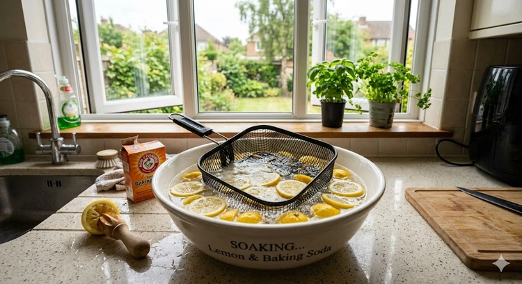 burnt grease residue inside air fryer basket — starting point when an air fryer smells burnt how to fix