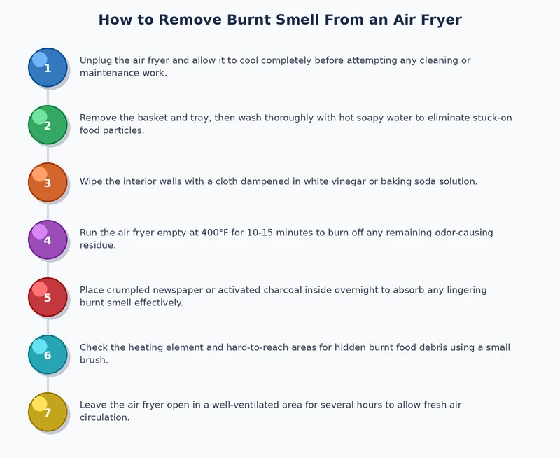 step-by-step cleaning sequence for air fryer smells burnt how to fix — baking soda paste, vinegar wipe, and dry run
