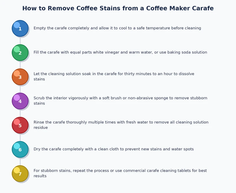 step-by-step process diagram for how to clean coffee stains from carafe