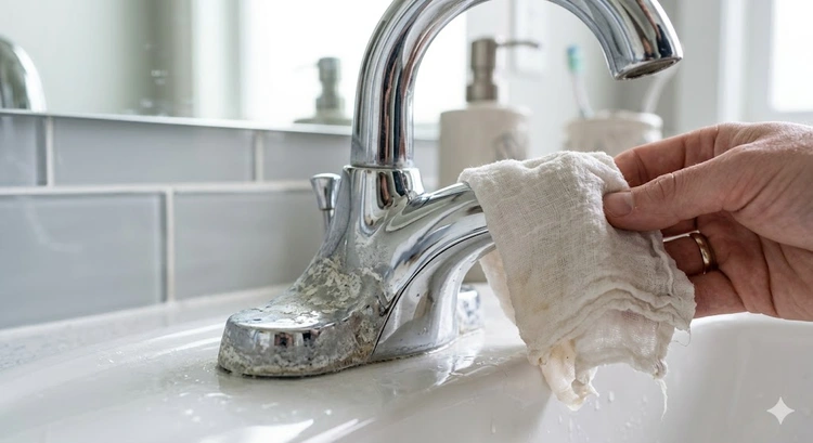 White vinegar and cleaning tools used to remove hard water stains from bathroom faucets and fixtures