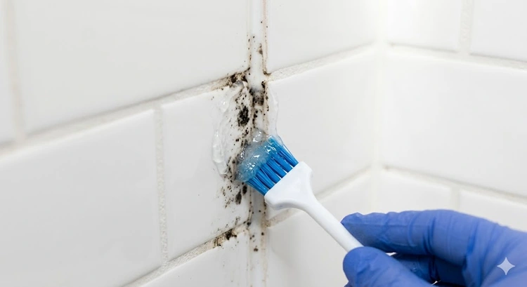 Black mold growing on bathroom caulk along tub and tile joint