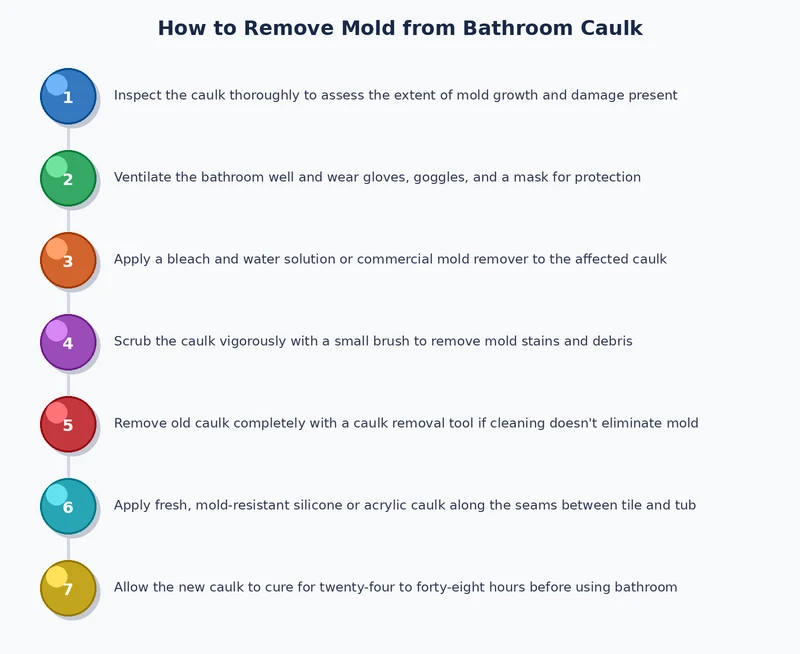 Step-by-step process diagram for removing mold from bathroom caulk — assess, treat, scrub, rinse, and recaulk