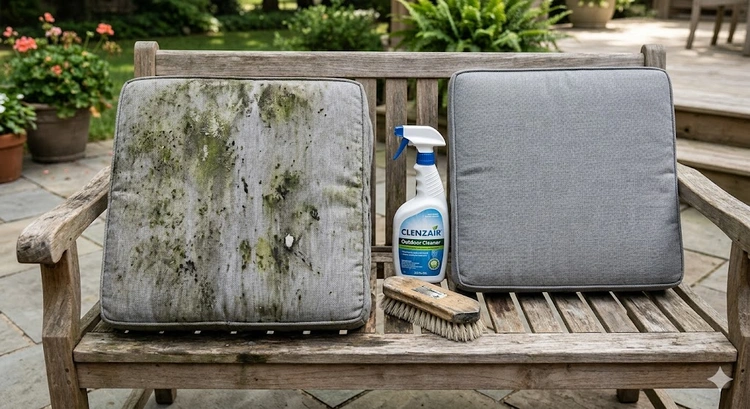 Outdoor patio cushions showing visible mold and mildew stains on fabric surface