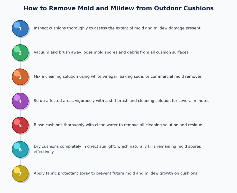Process diagram showing five steps to remove mold from outdoor cushions