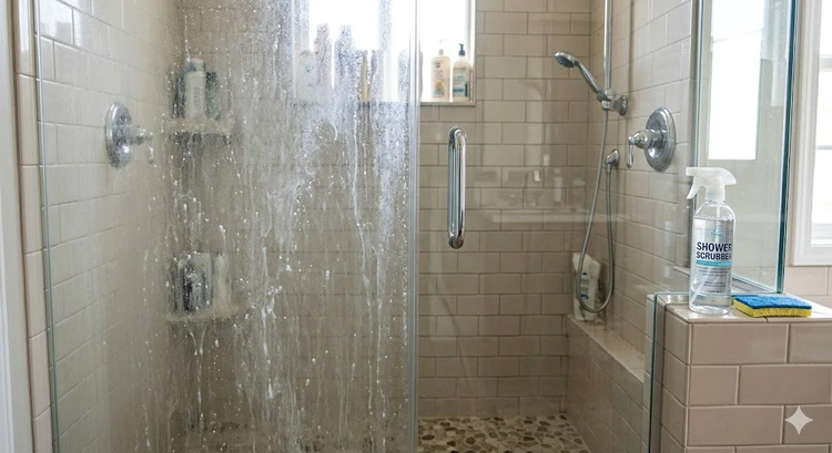 Heavy soap scum buildup on glass shower doors before cleaning