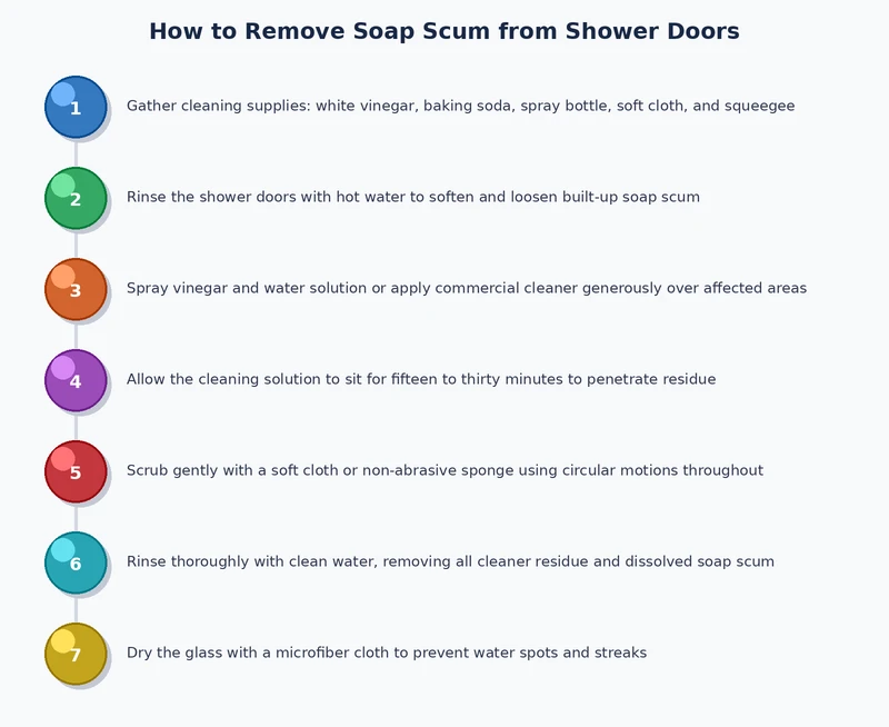 Step-by-step process diagram for removing soap scum from shower doors using vinegar and scrubbing