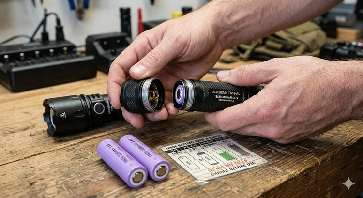 Hands replacing batteries in a tactical flashlight — tailcap removed, cells ready for insertion with correct polarity