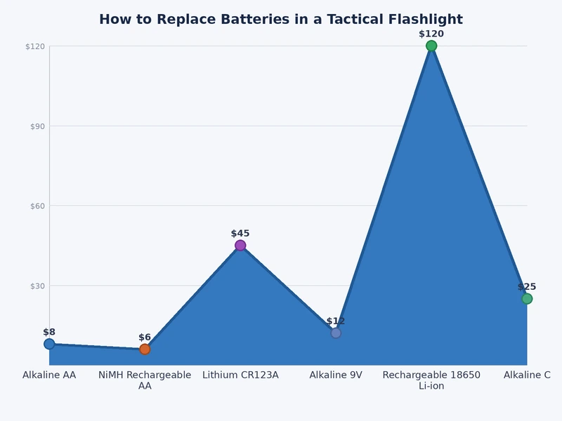 Tactical flashlight battery type comparison chart — CR123A, 18650, 21700, AA lithium, and 16340 by voltage, capacity, and application