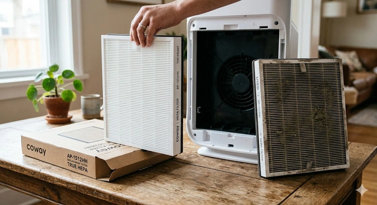 Replacing a HEPA filter in a home air purifier, showing old and new filter side by side