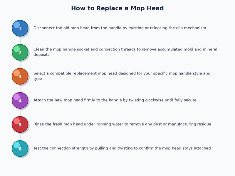 Process diagram showing mop head replacement steps for screw-thread, clip-on, and slide-lock attachment systems