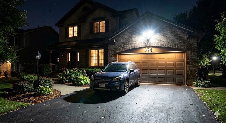Outdoor security lighting setup guide showing motion-activated floodlights installed above a home garage