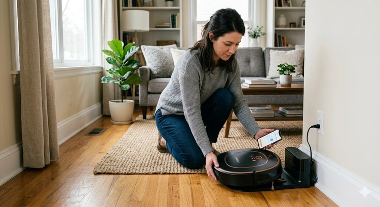 Robot vacuum charging on its base station during first-time setup process