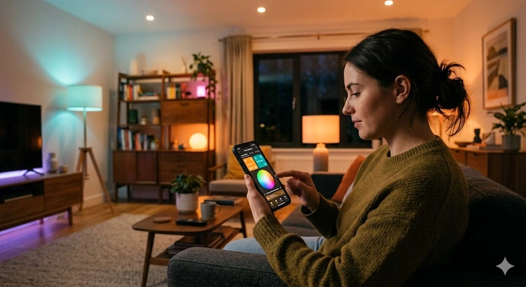 Smart home lighting system setup with app control and voice assistant on smartphone