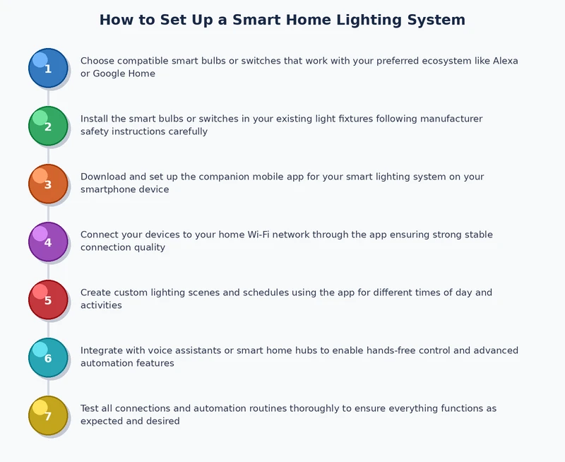 Step-by-step process diagram for setting up a smart home lighting system from bulb installation to automation