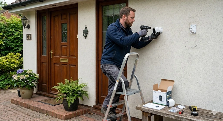 Home security camera system mounted at front entrance showing how to set up home security camera system