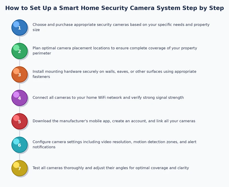 Step-by-step process diagram for installing a home security camera system from planning to testing