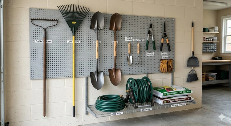 Garden tools stored properly on a wall-mounted pegboard rack in a clean shed