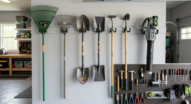 Garden tools stored properly on a wall-mounted rack inside a clean shed
