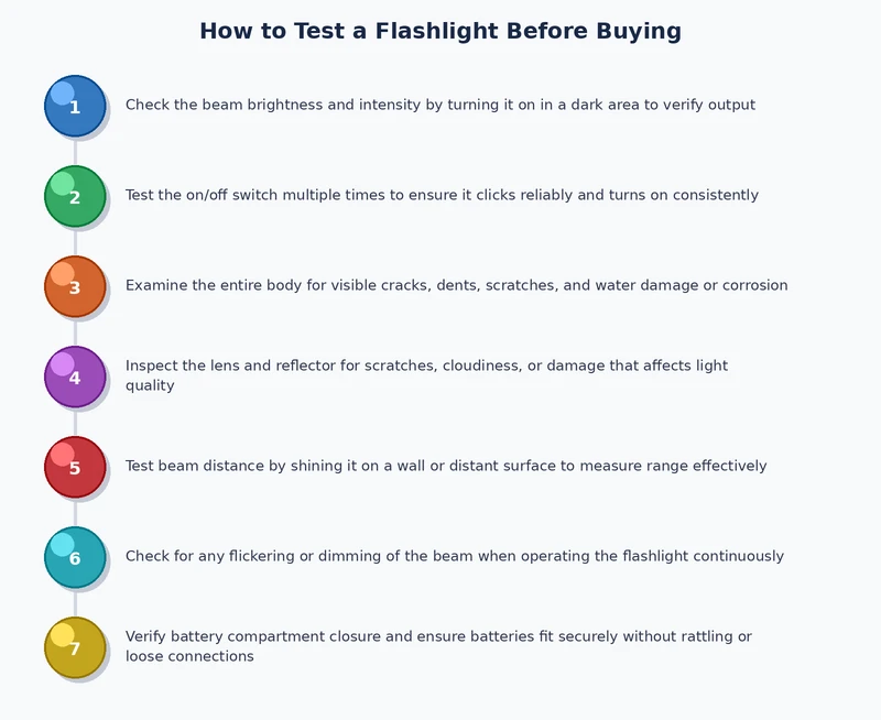 flashlight testing process diagram — steps from switch-on check to runtime evaluation