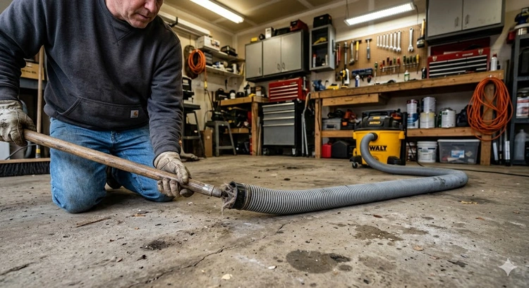 tools for unclogging a vacuum hose including a drain snake, compressed air can, and needle-nose pliers