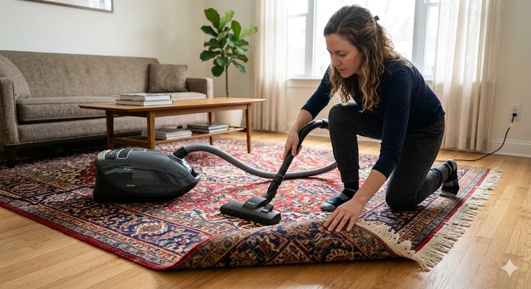 Demonstrating how to vacuum area rug without damage using proper technique on a wool rug