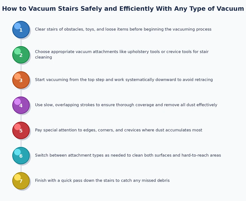 Process diagram showing 6-step stair vacuuming workflow from prep to post-clean maintenance
