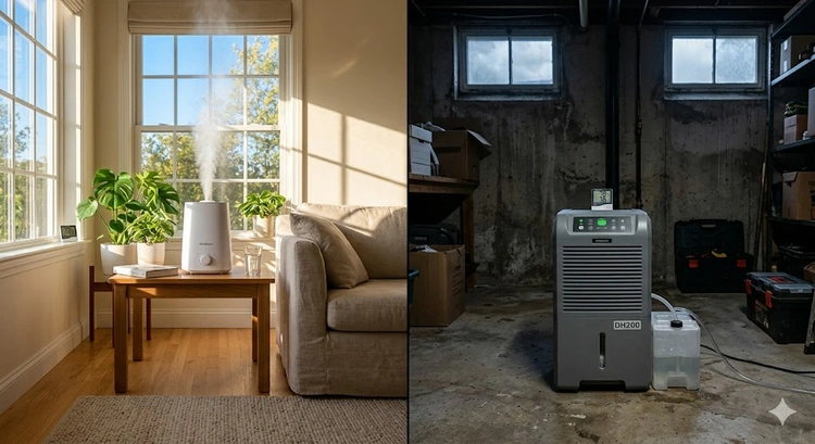 humidifier vs dehumidifier units placed on a shelf in a home living room