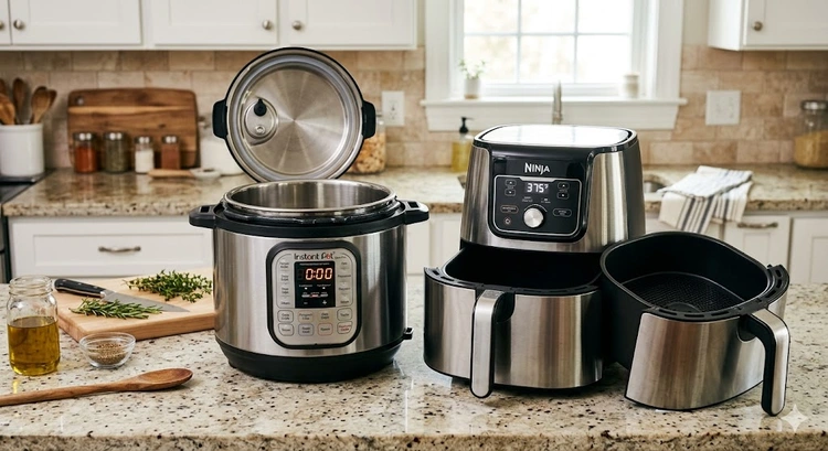 Instant pot vs air fryer side by side on a kitchen counter showing size and design comparison