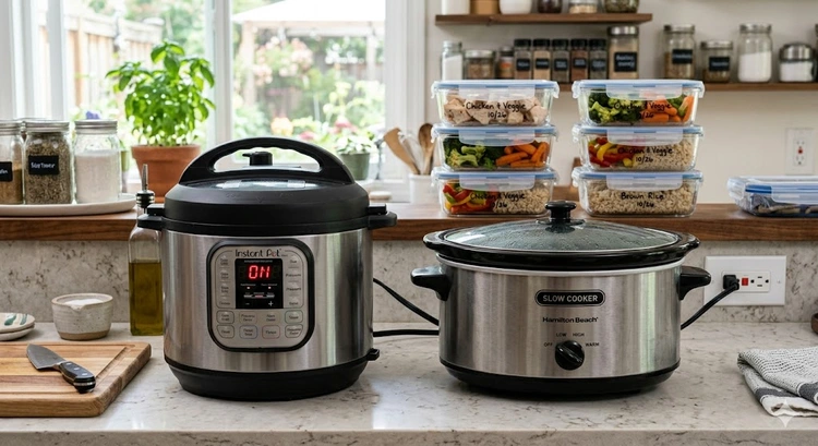 Instant pot vs slow cooker side by side on kitchen counter for meal prep comparison