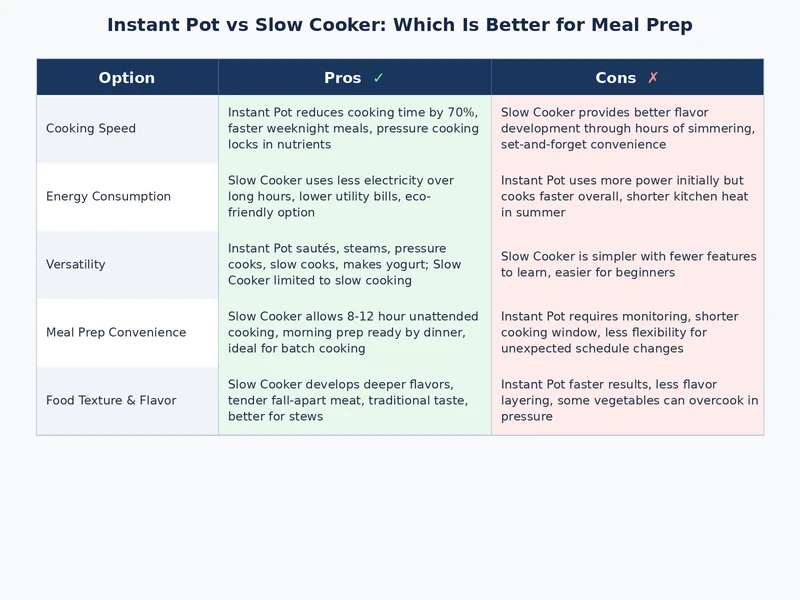 Instant pot vs slow cooker meal prep comparison showing cook time and feature differences