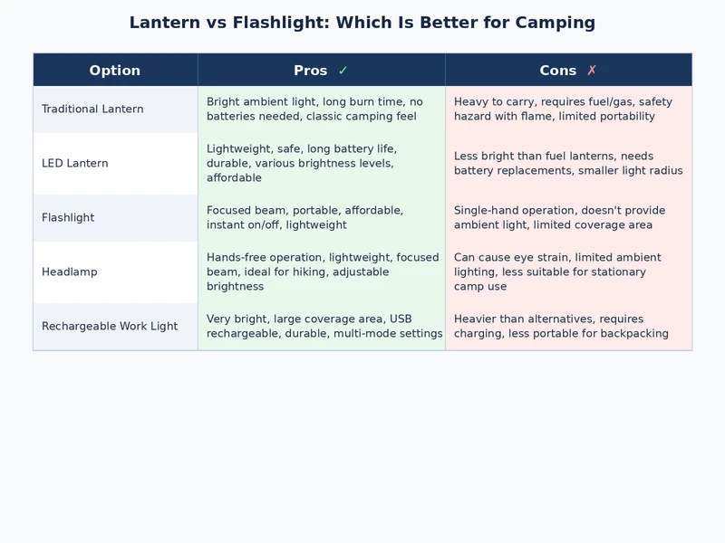 Lantern vs flashlight camping comparison showing beam spread, throw distance, and runtime differences
