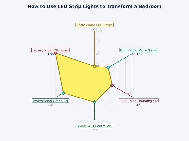 Chart comparing LED strip light types by brightness output, CRI rating, and best bedroom placement
